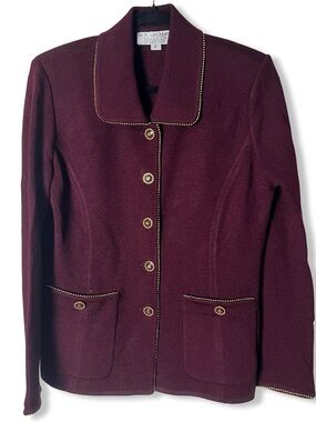 VTG ST JOHN Collection Burgundy Santana Knit Jacket Blazer Gold Beaded Trim Sz 6